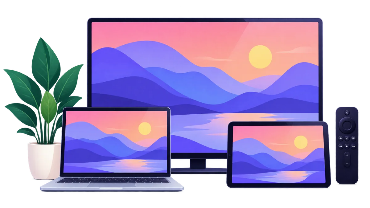 Illustration of a television, laptop, tablet and remote control