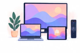 Illustration of a television, laptop, tablet and remote control