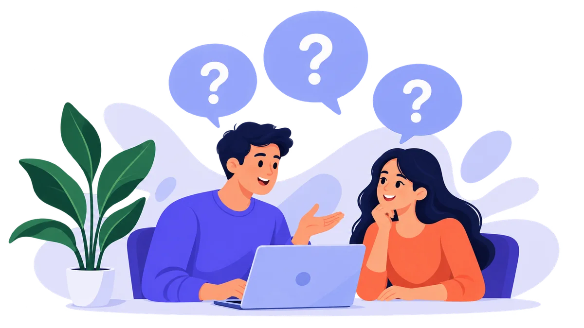 Illustration of two people discussing questions about a television setup
