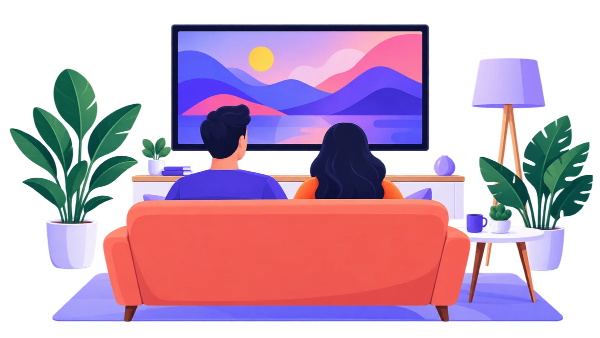 Illustration of two people on a coral sofa watching a television