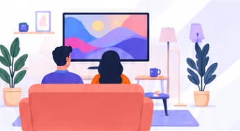 Illustration of two people on a coral sofa watching a television